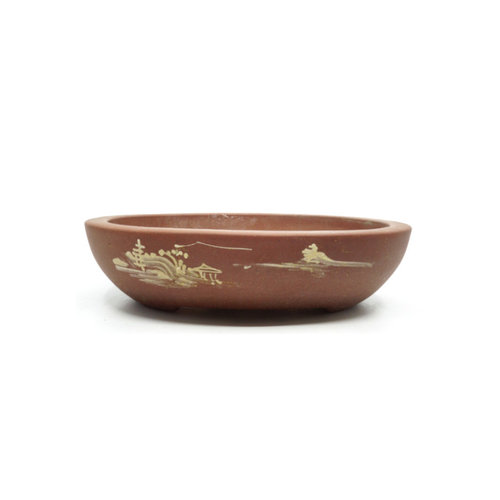 Bonsai pot unglazed  oval with drawings 29cm
