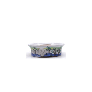 Bonsai pot hand painted landscape blue oval 16cm