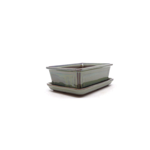 Bonsai pot green beige rectangular 13cm - set