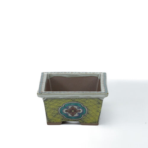 Bonsai pot Kutani yaki "Ishidatami" rectangle multi-color 13cm