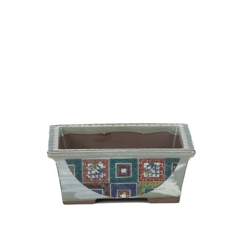 Bonsai pot Kutani yaki "Ishidatami" rectangle multi-color 13cm
