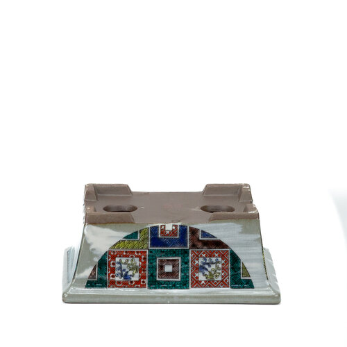 Bonsai pot Kutani yaki "Ishidatami" rectangle multi-color 13cm