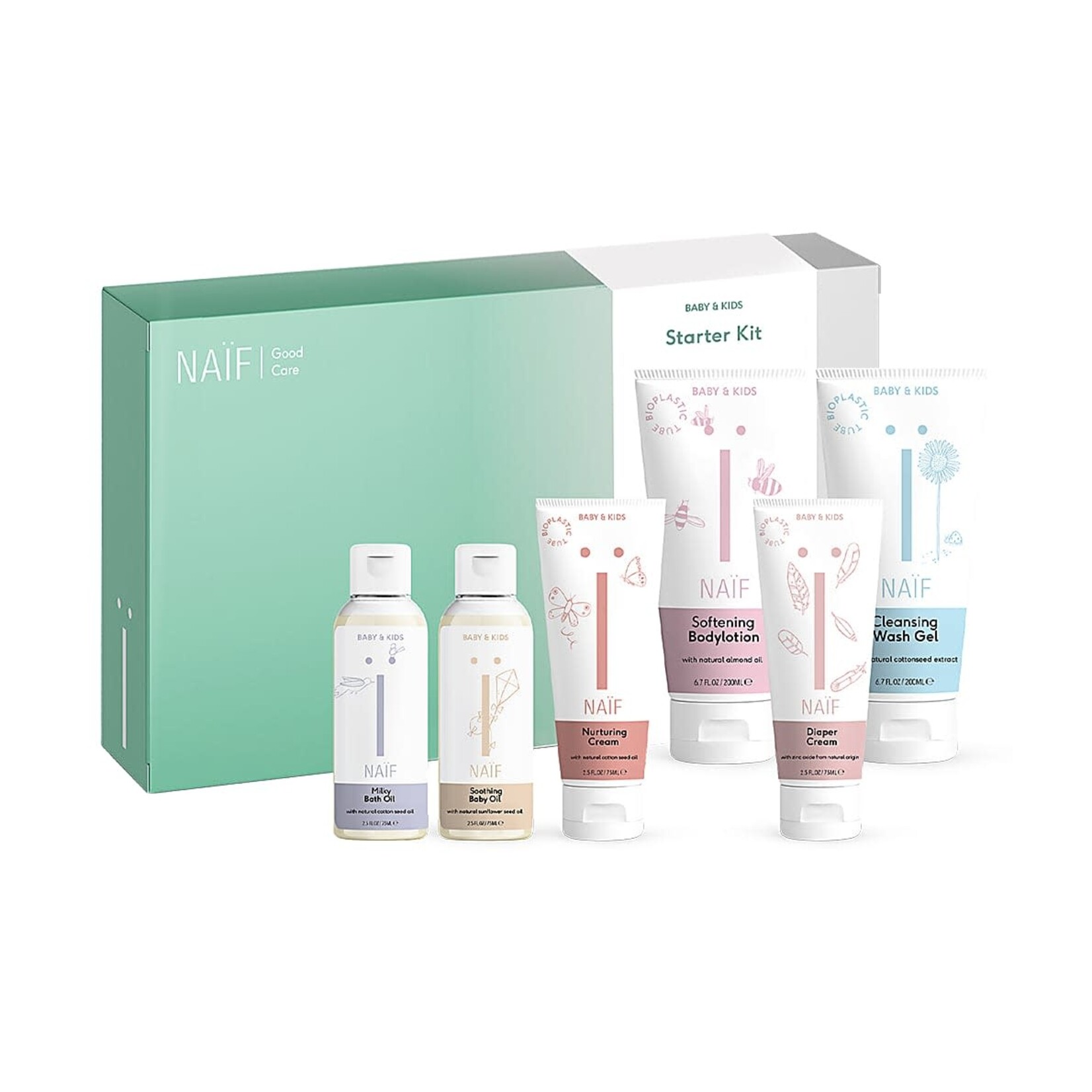 Naif Naïf - Starter Kit (bath oil 100ml, wash gel 200ml, diaper cream 75ml, nurturing cream 75ml, baby oil 100ml, body lotion 200ml)