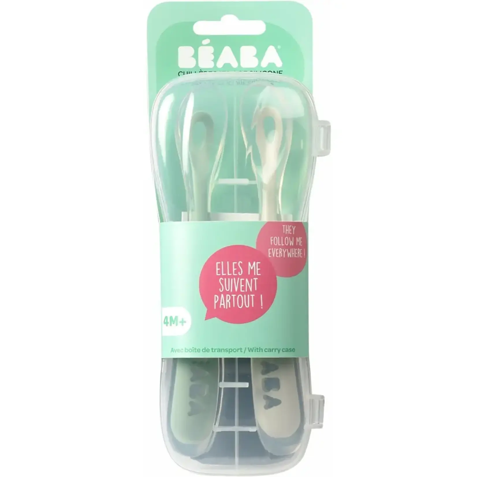 Beaba Beaba - Set van 2 siliconenlepels 1ste leeftijd met reisetui (velvet grijs+sage green)