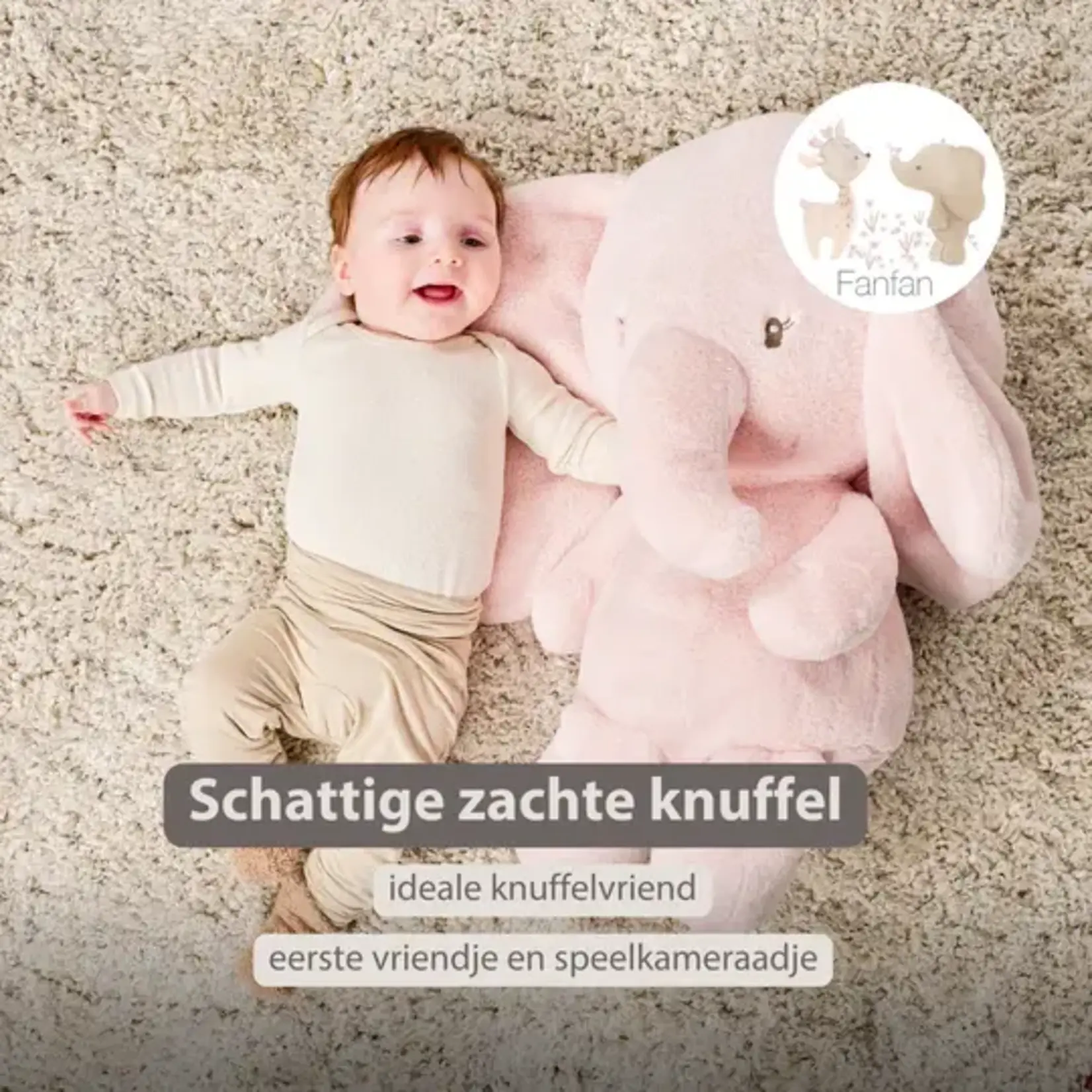 Nattou Nattou - FanFan Knuffel Olifant - 60 cm - Zachte baby knuffel - Roze