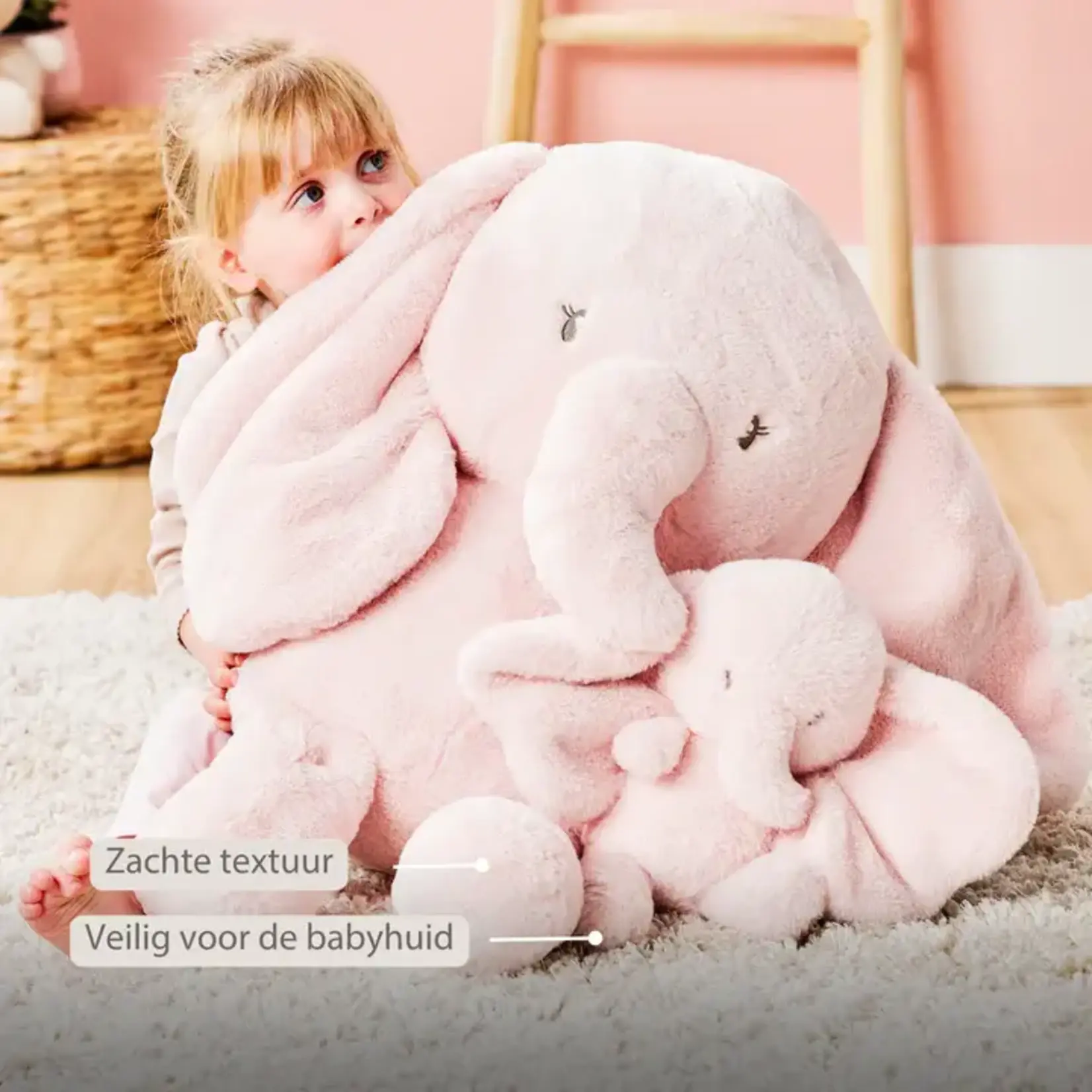Nattou Nattou - FanFan Knuffel Olifant - 60 cm - Zachte baby knuffel - Roze