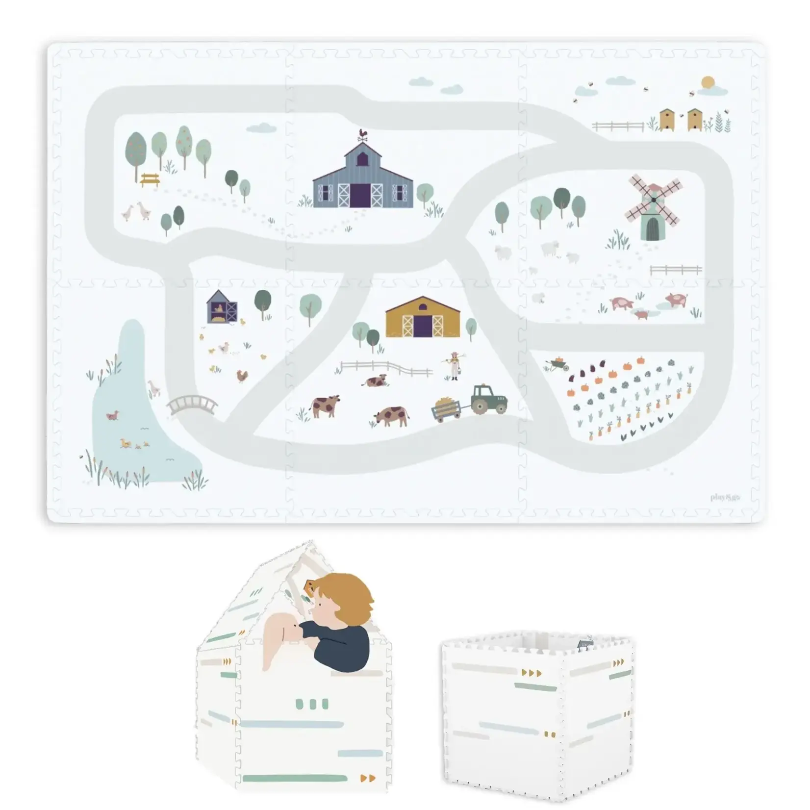 Play & Go Play & Go - EVA Puzzelmat, Opbergbox en Speelhuisje - dubbelzijdig - Farm 120x180 cm (6 tiles)