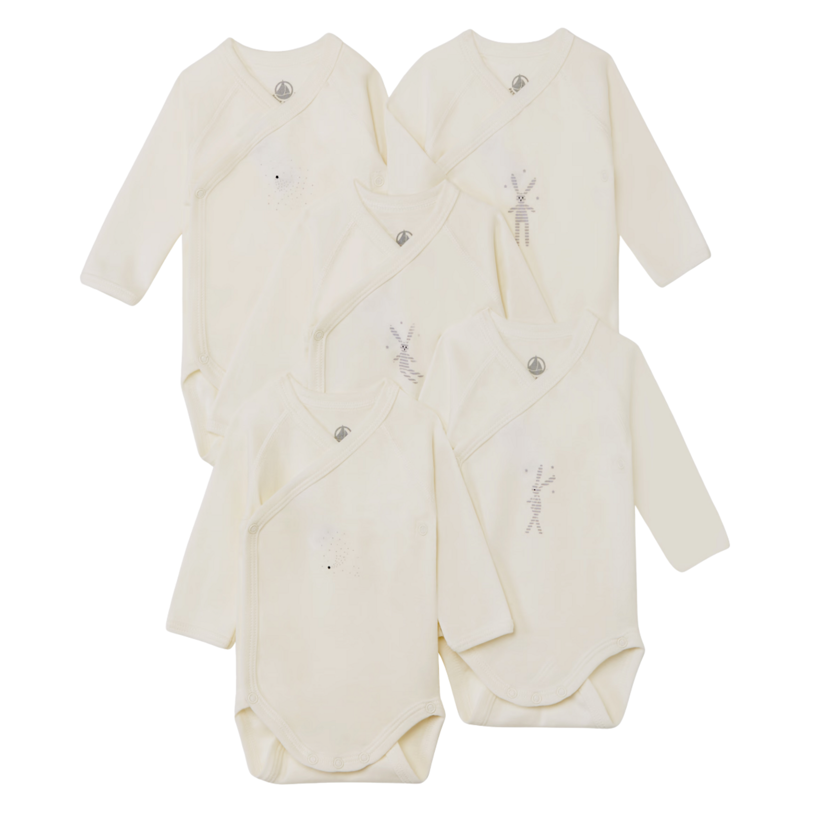 Petit Bateau Petit Bateau - Rompertjes newborn lange mouwen wit met kleine print konijn/ster (5-pack)