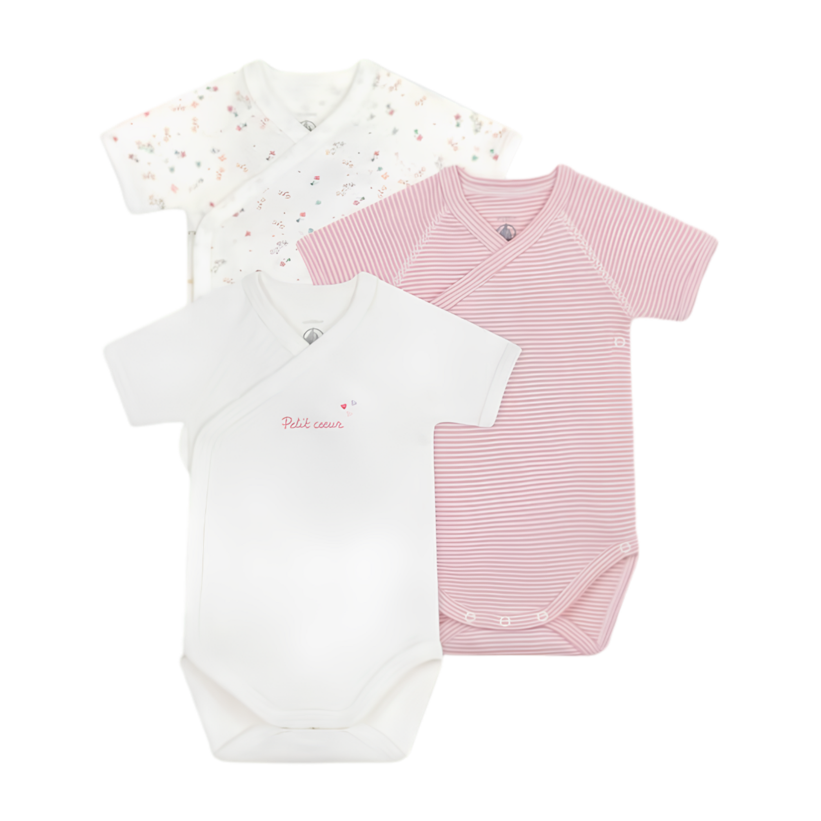 Petit Bateau Petit Bateau - 3 Bodies korte mouwen - roze print bloem/petit coeur