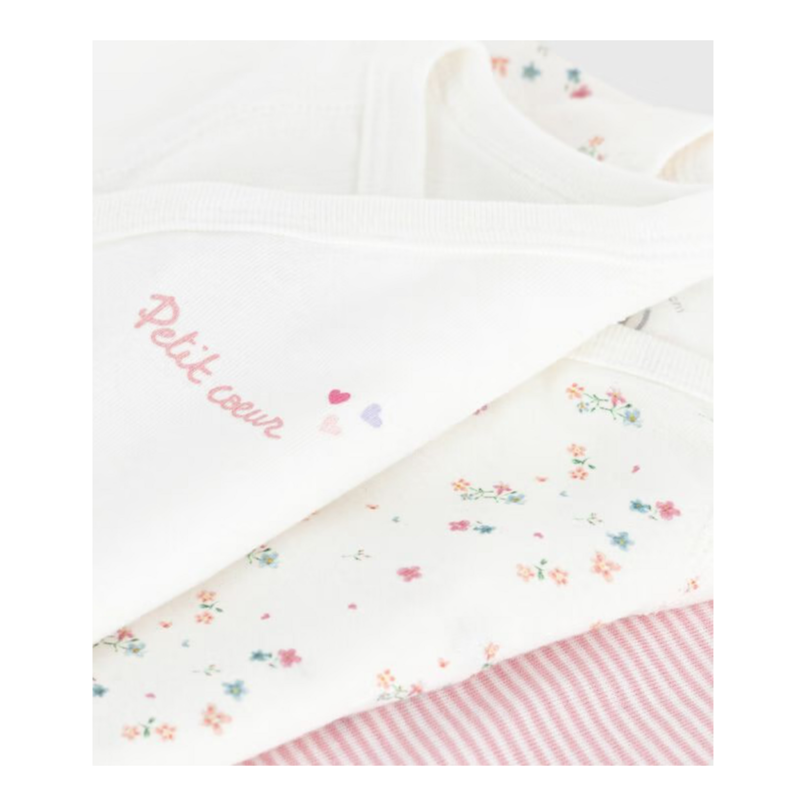 Petit Bateau Petit Bateau - 3 Bodies korte mouwen - roze print bloem/petit coeur