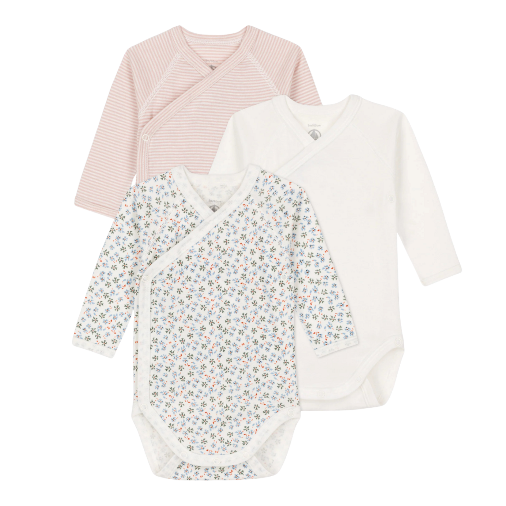 Petit Bateau Petit Bateau - 3 Bodies lange mouwen - roze streep/blauwe bloem