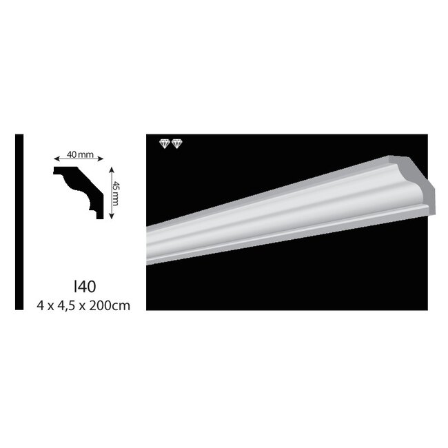 Vidella VI40 (40 x 45 mm), plafondlijst, sierlijst,  lengte 2 m