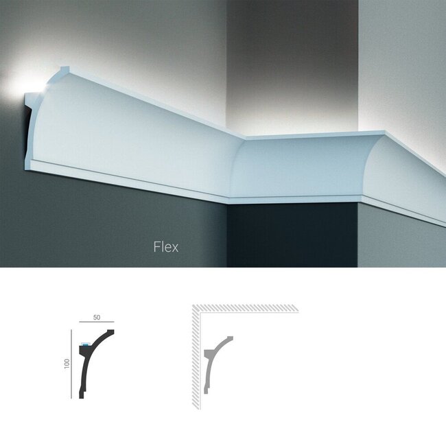 Grand Decor Polyurethaan - LED sierlijst voor indirecte verlichting, KF704 (100 x 50 mm), lengte 2 m