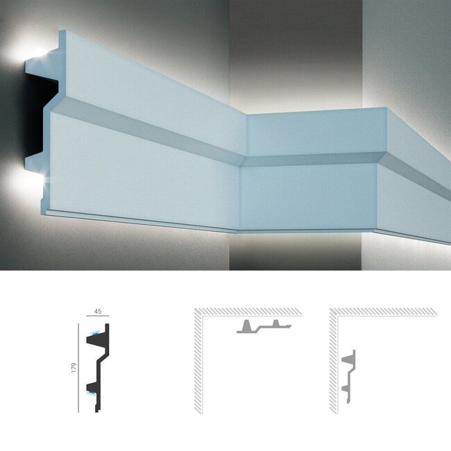 Grand Decor Polyurethaan - LED sierlijst voor indirecte verlichting, KF707 (179 x 45 mm), lengte 2 m