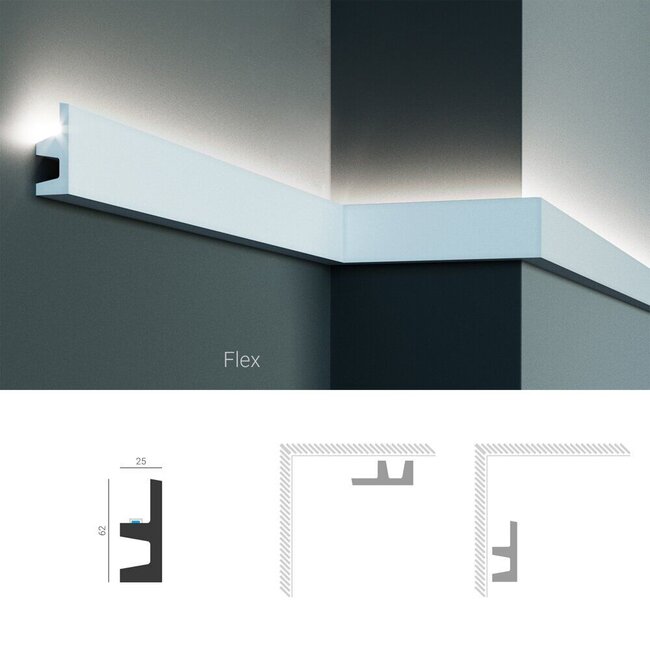 Grand Decor Polyurethaan - LED sierlijst voor indirecte verlichting, KF501 (62 x 25 mm), lengte 2 m