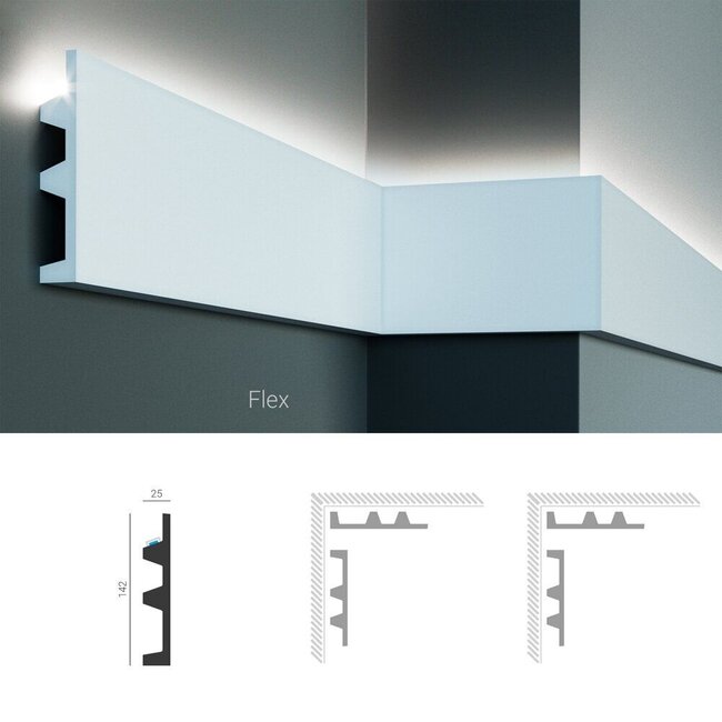 Grand Decor Polyurethaan - LED sierlijst voor indirecte verlichting, KF505 (142 x 25 mm), lengte 2 m