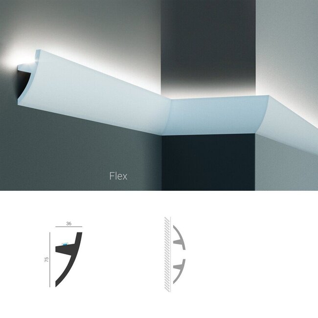 Grand Decor Polyurethaan - LED sierlijst voor indirecte verlichting, KF502 (75 x 36 mm), lengte 2 m