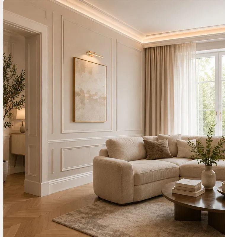 Interieur met wandlijsten, vloerplinten en indirecte verlichting uit de Lijst & Ornament collectie