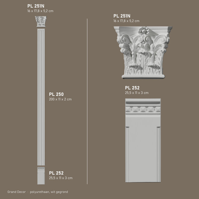 Grand Decor Pilasterset PL252 + PL250 + PL251N - polyurethaan, hoogte 241,5 cm
