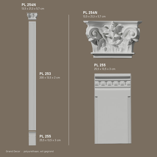 Grand Decor Pilasterset PL255 + PL253 + PL254N - polyurethaan, hoogte 239 cm