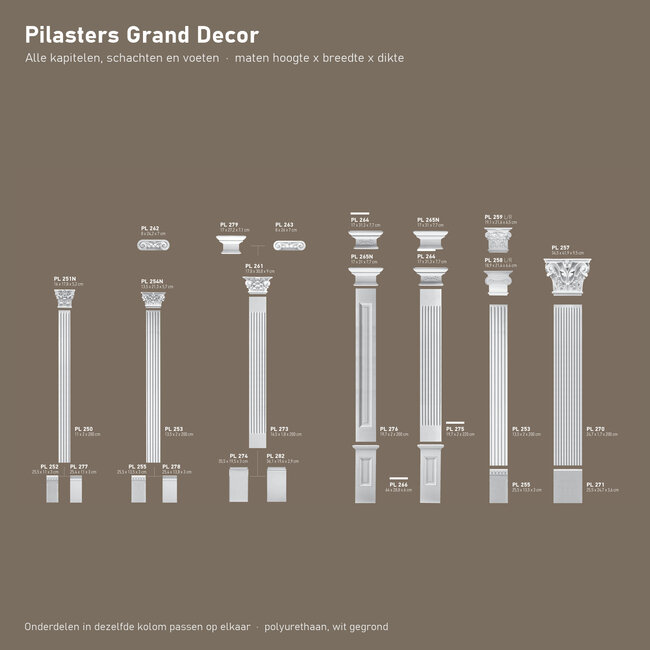 Grand Decor Pilasterset PL266 + PL275 + PL264 - polyurethaan, hoogte 301 cm
