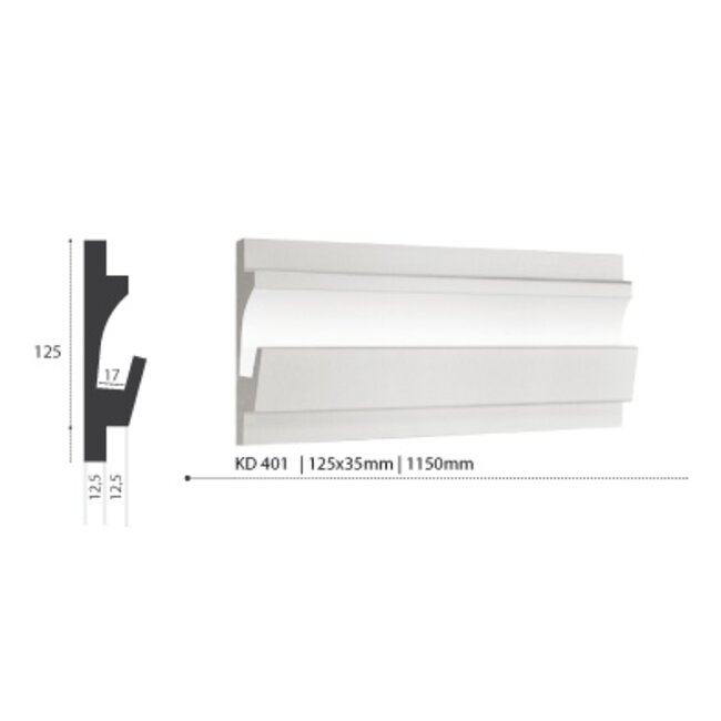Tesori LED sierlijst voor indirecte verlichting XPS, KD401 (125 x 35 mm), lengte 1,15 m - Verzonken / Semi-Verzonken