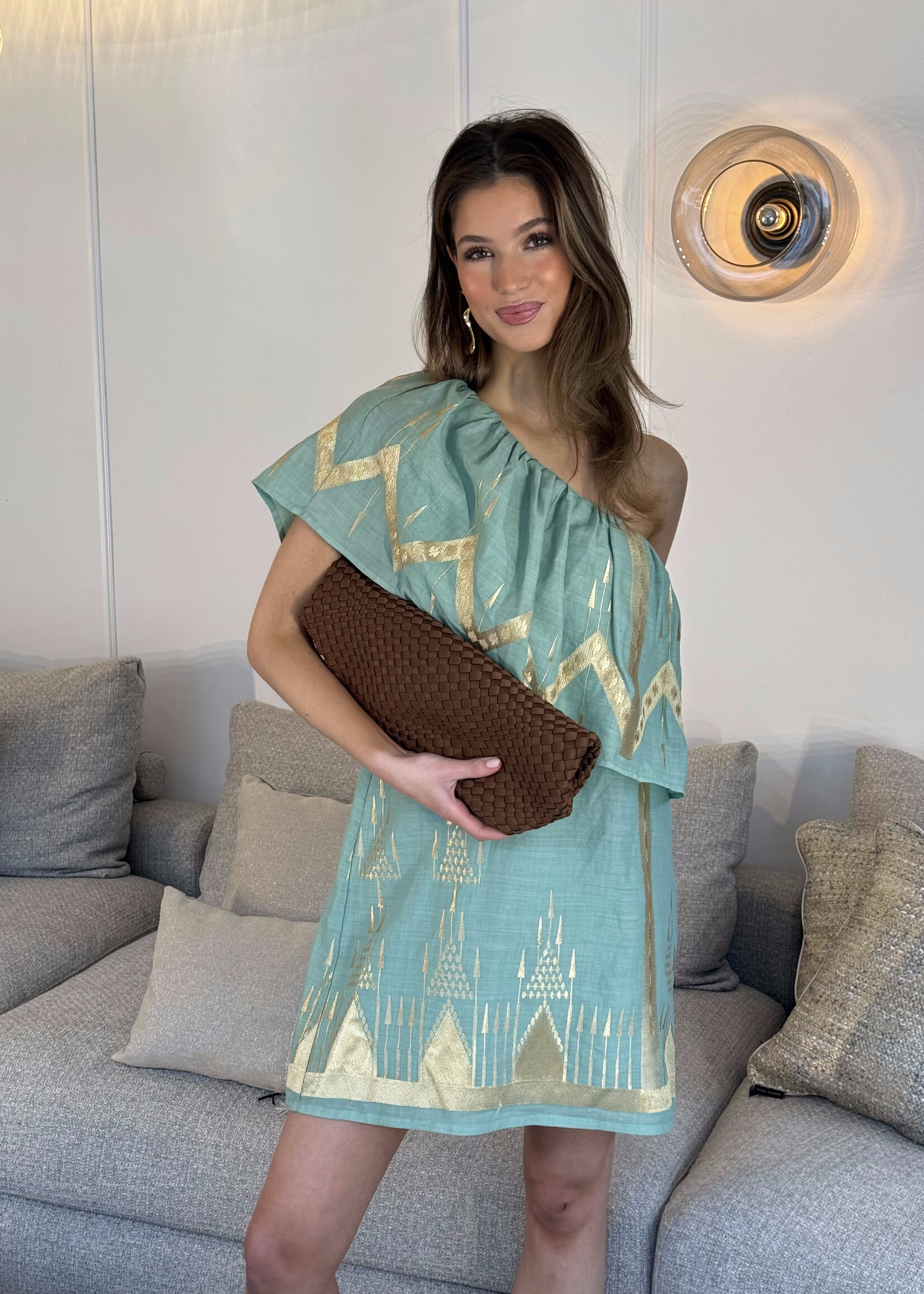 Greek Archaic Kori Dress 430163 - Sea Green Gold