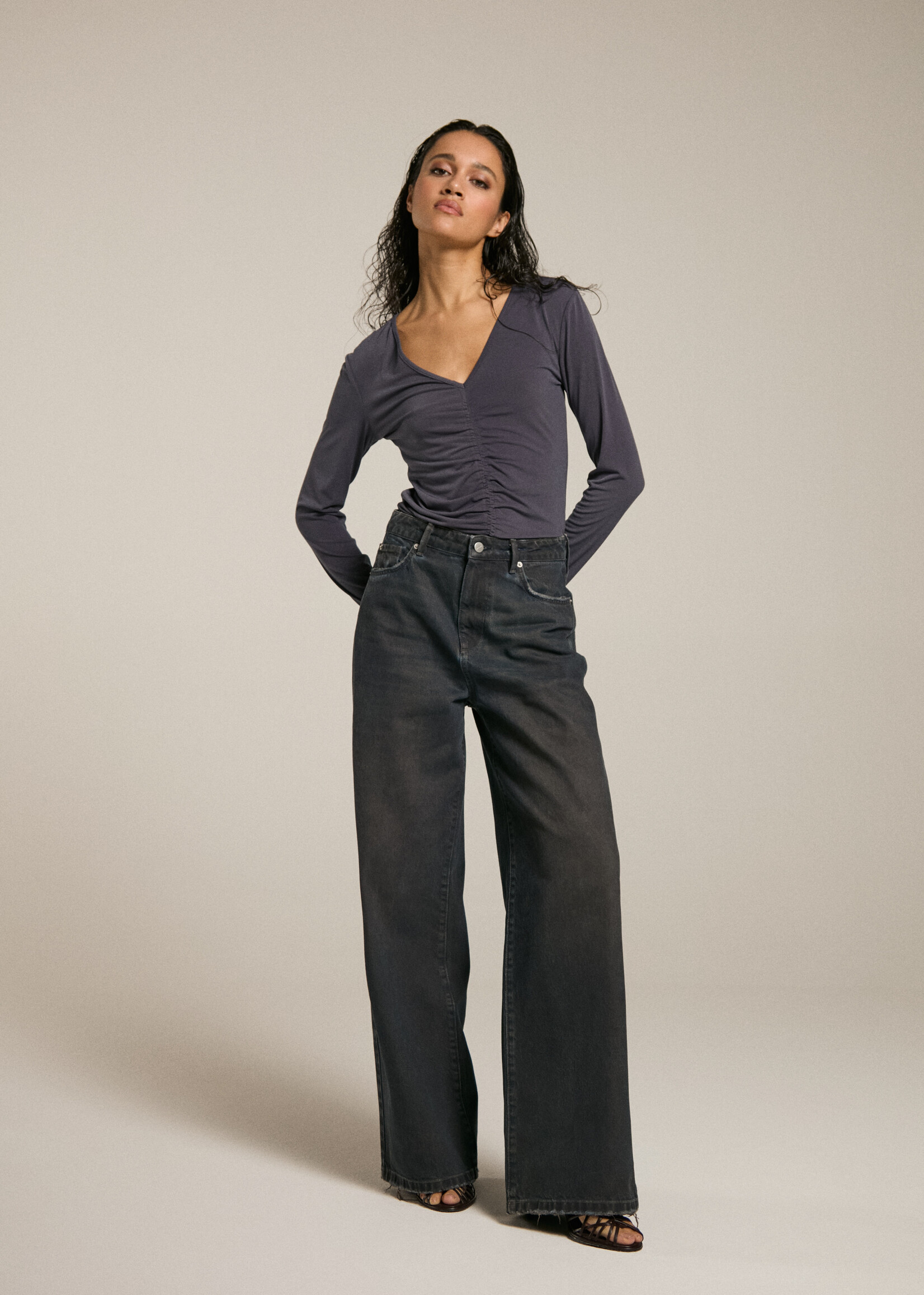 HOMAGE Wide Leg Coated Jeans - Dark Coated