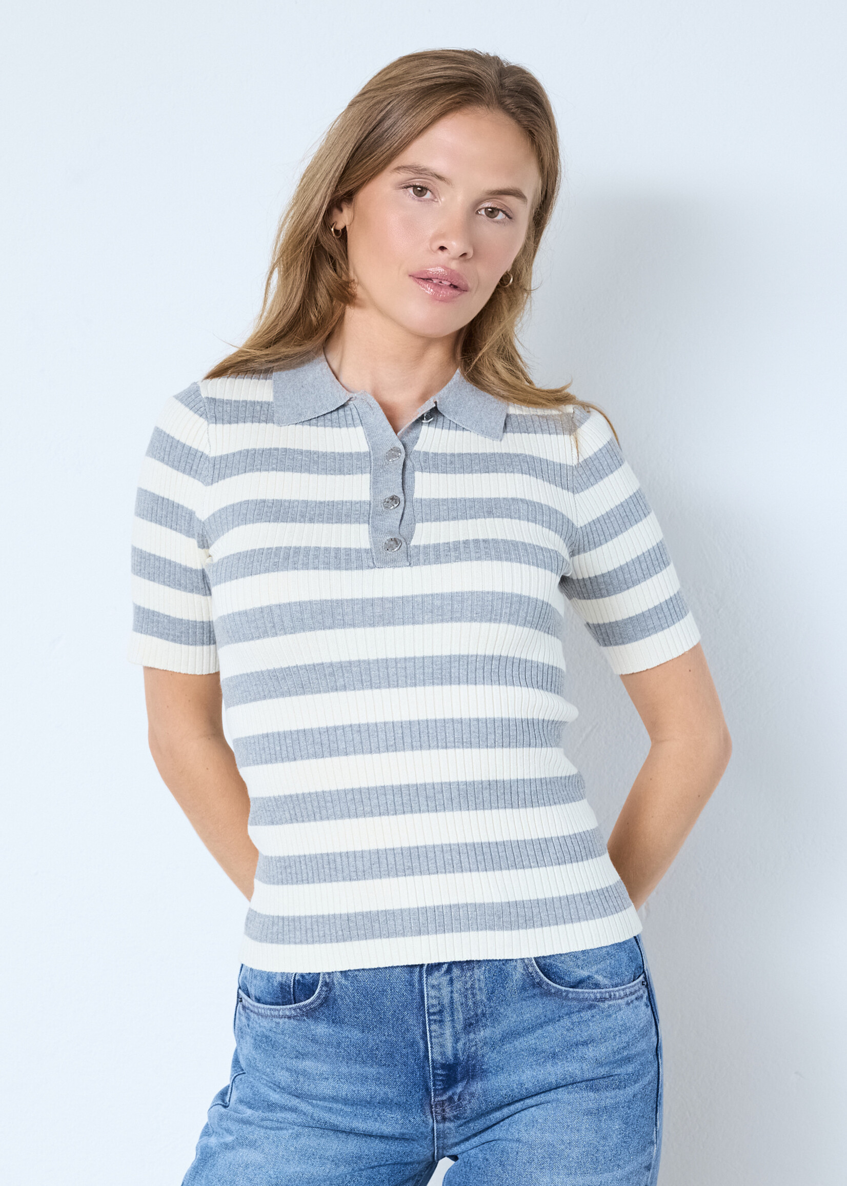 Co’Couture BonnyCC Stripe S/S Polo Knit - Grey