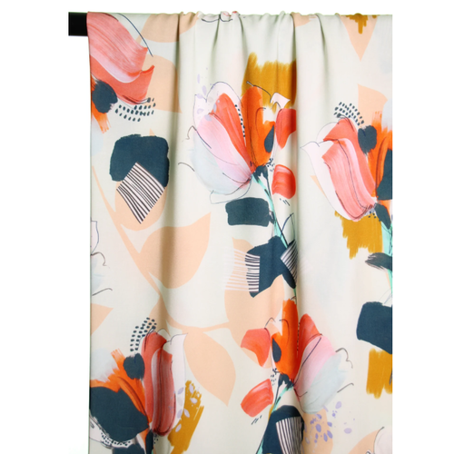 ATELIER JUPE muntgroene viscose met geschilderde bloemenprint