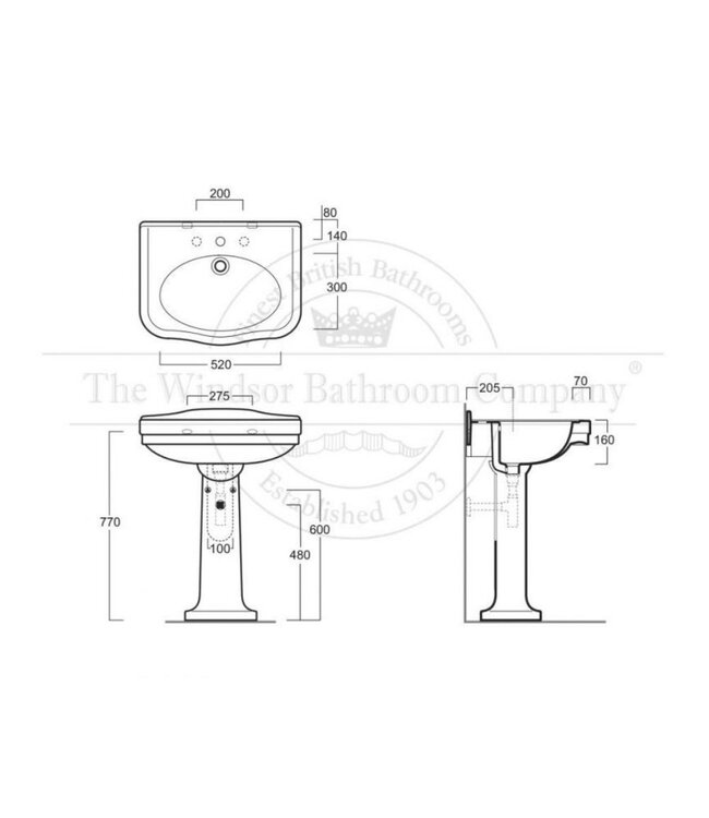 Klassieke wastafel 68cm op zuil Linford WBSO369620