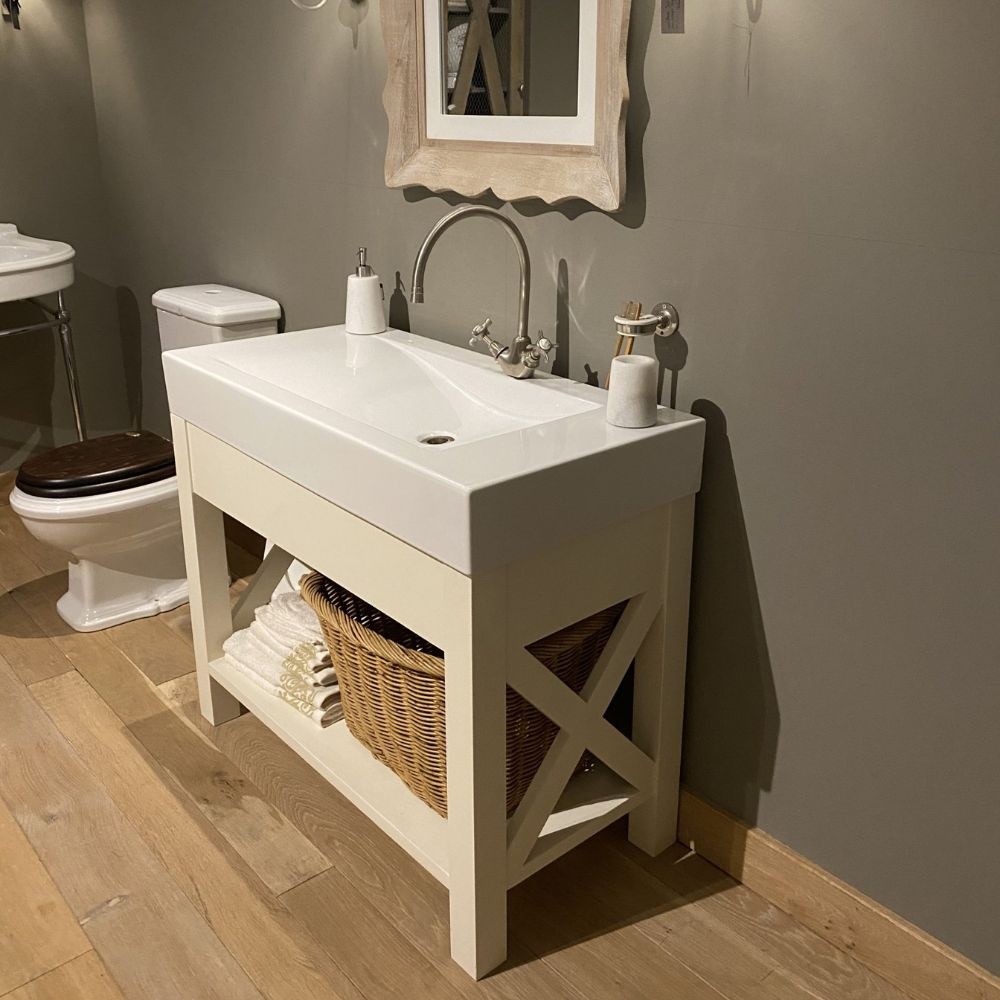 Badkamermeubel BWS Ibiza 120 cm Washed Oak Twee Soft-Close Lades Solid Surface Wastafel Mat Wit