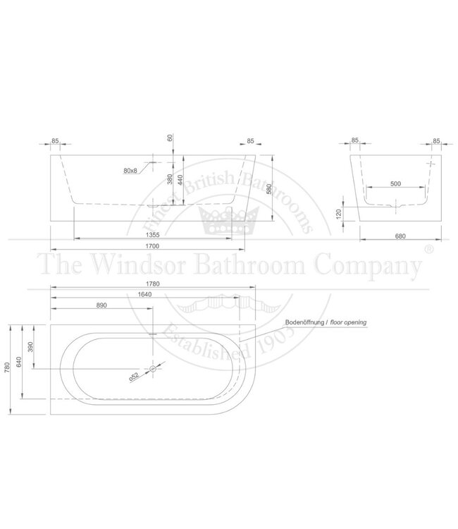 Hoekbad Clamecy links acryl 180cm