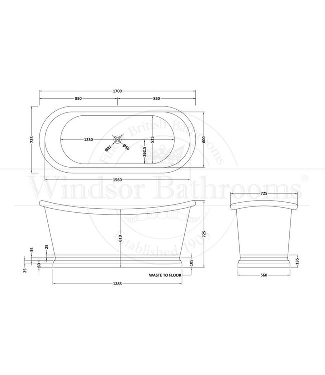 Tinnen badkuip 170cm