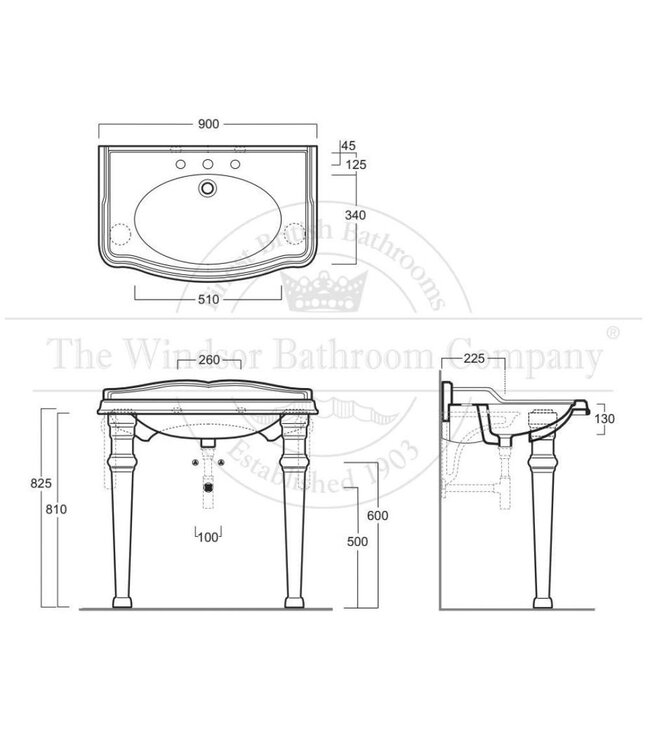 Klassieke wastafel 90cm op poten Bexley WBSR345604