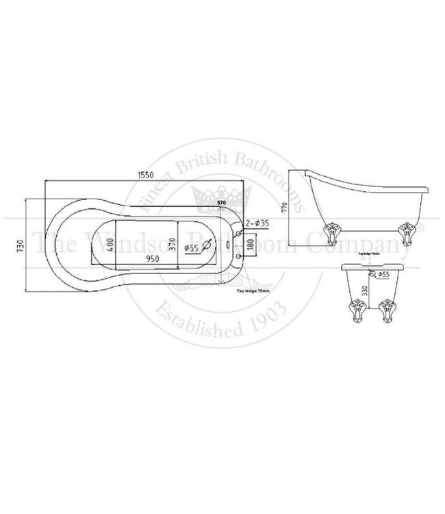 Klassiek acryl bad  155cm Carlton Slipper