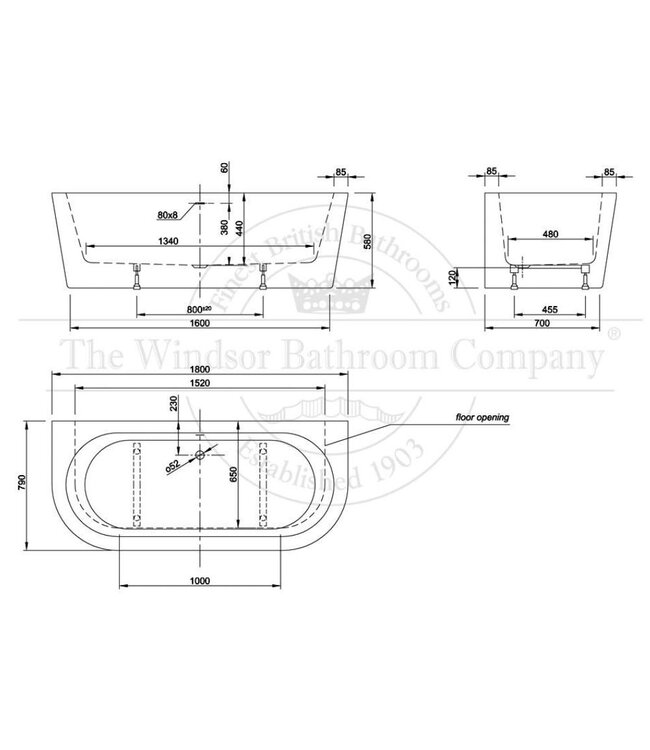 Half vrijstaand acryl bad 165cm Clamecy Wall XS