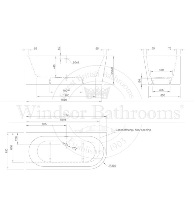 Hoekbad Clamecy XS links acryl 165cm