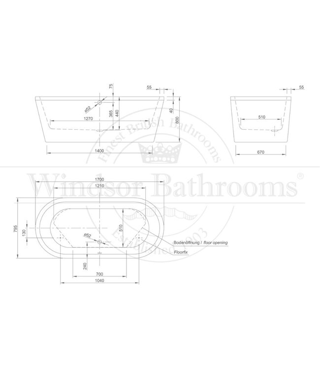 Vrijstaand acryl bad 170cm Ecole