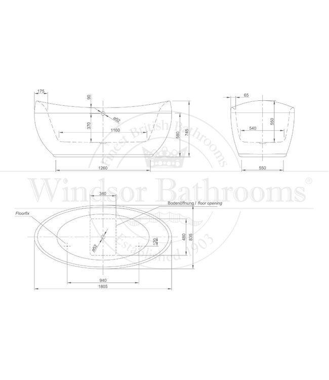 Vrijstaand acryl bad 180cm Savona