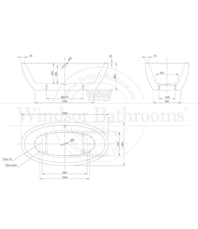 Vrijstaand acryl groot bad 190cm Sipro