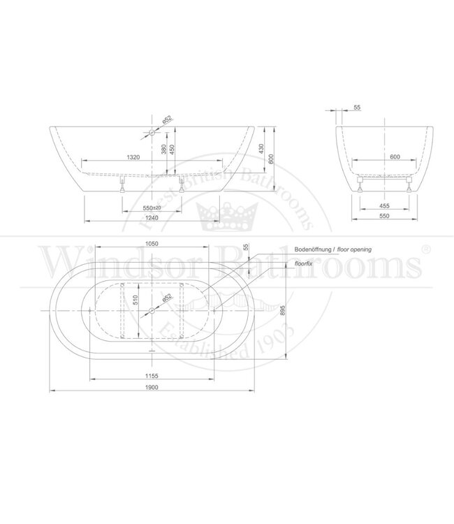 Vrijstaand groot acryl bad 190cm Moritz