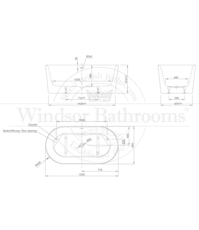 Vrijstaand acryl bad 155cm Queen  XS