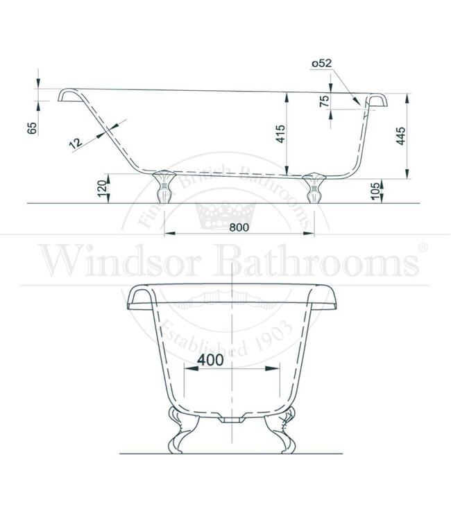 Klassiek acryl bad 152cm Roll Top