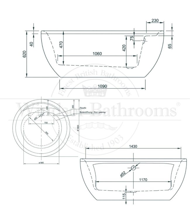 Vrijstaand acryl rond bad 160 Ø Lindau