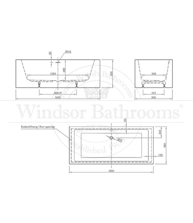 Vrijstaand acryl bad 180cm Qebig