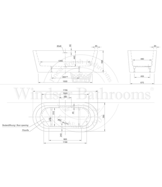 Vrijstaand acryl bad 180cm Freeze