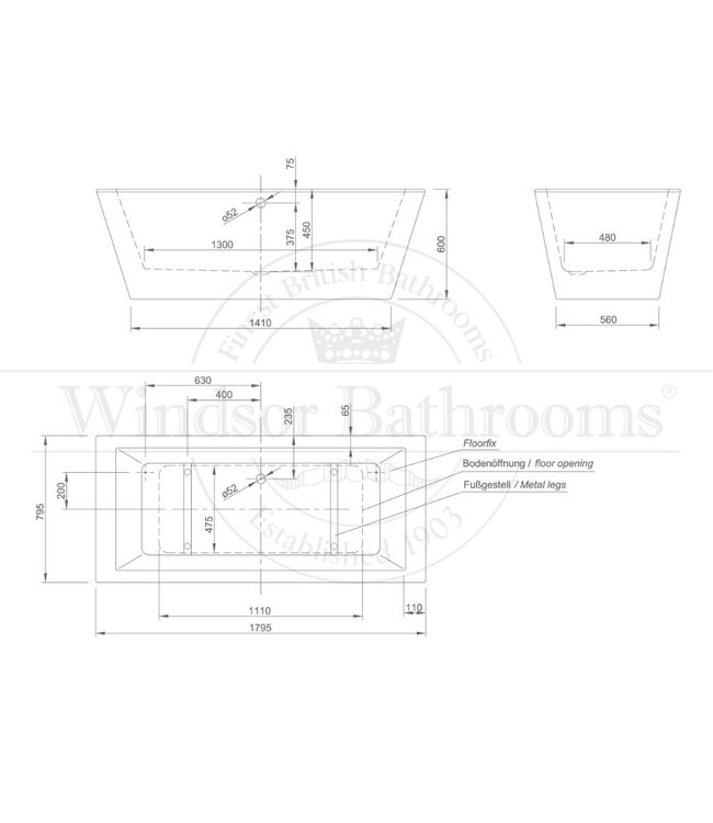 Vrijstaand acryl bad 180cm Lugano