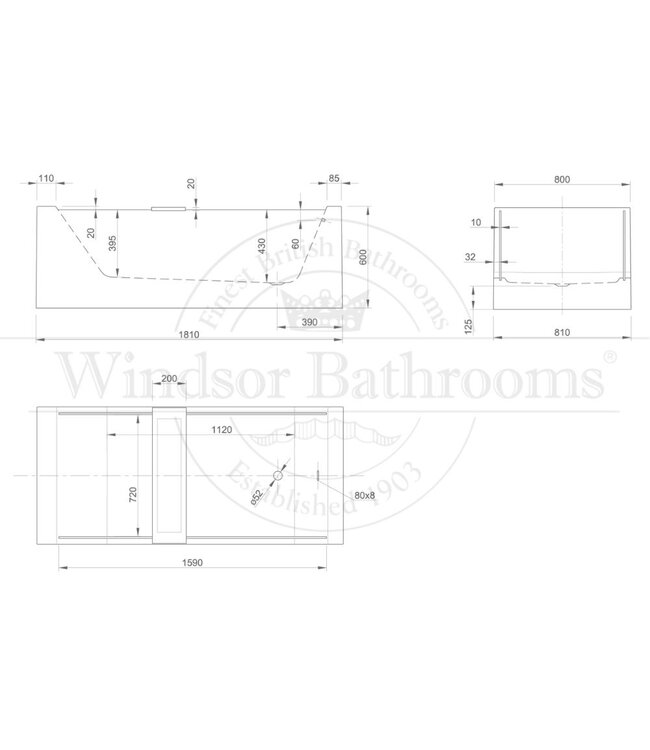Vrijstaand acryl bad 180cm Box