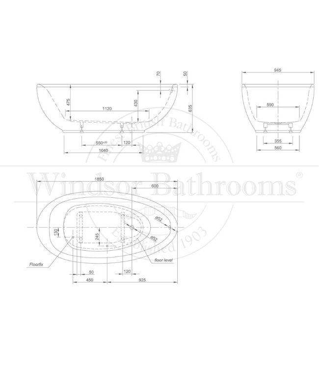 Vrijstaand acryl bad 185cm Porto